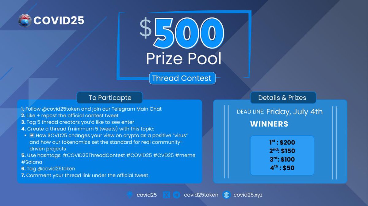 covid25token's tweet photo. 🎉 $500 THREAD CONTEST IS LIVE!
Sponsored by @covid25token 🧬

Think you’ve got what it takes to go viral on X?
Show how $CVD25 is the “good virus” transforming crypto — and win your share of $500!

🧵👇

🏆 Prize Breakdown:
🥇 1st – $200
🥈 2nd – $150
🥉 3rd – $100
🏅 4th – $50

📌 How to Enter:
1️⃣ Follow @covid25token
2️⃣ Join Telegram: https://t.co/qnO0wXrZ7i
3️⃣ Like + repost this tweet
4️⃣ Tag 5 thread creators you’d like to see enter
5️⃣ Post a thread (min. 5 tweets) on:

How $CVD25 changes your view on crypto as a positive “virus” + how its tokenomics define true community-driven projects
6️⃣ Use hashtags: #COVID25ThreadContest #COVID25 #CVD25 #meme #Solana
7️⃣ Tag @covid25token
8️⃣ Reply to this post with your thread link

📜 Rules:
• One entry per person
• Twitter/X account must be public
• Threads must be in English

📊 Judging Criteria:
• Creativity & originality (no copy-paste)
• Fair engagement system for all account sizes
• Visual appeal — use memes, infographics, graphics

🧬 Need inspiration?
Check out our whitepaper & socials:
🔗 https://t.co/BomJH2dGgD

Let the best threador win.
Let’s make crypto viral again 💥
#COVID25 #CVD25 #Solana #COVID25ThreadContest