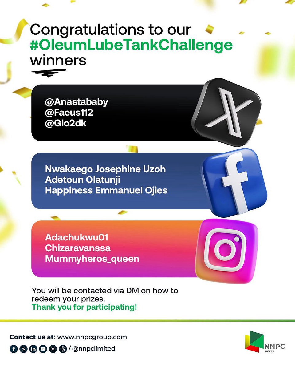 NNPC_Retail's tweet photo. Congratulations to our winners.
@Anastababy
@FACUS112
@Glo2dk
#OleumLubeTankChallenge #PerformanceInMotion #NNPCRetail https://t.co/fibUeP6ePV