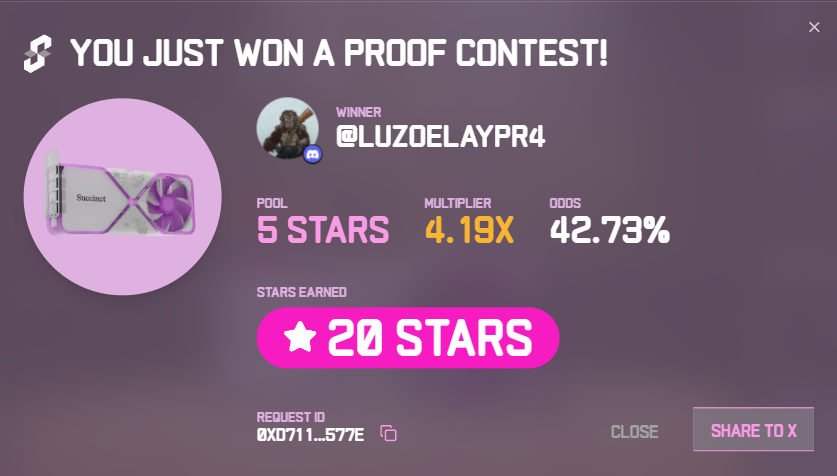 I just won 20 stars in the Succinct Stage 2 Proof Contest! Prove with us <a href="/SuccinctLabs/">Succinct</a> #ProveWithUs