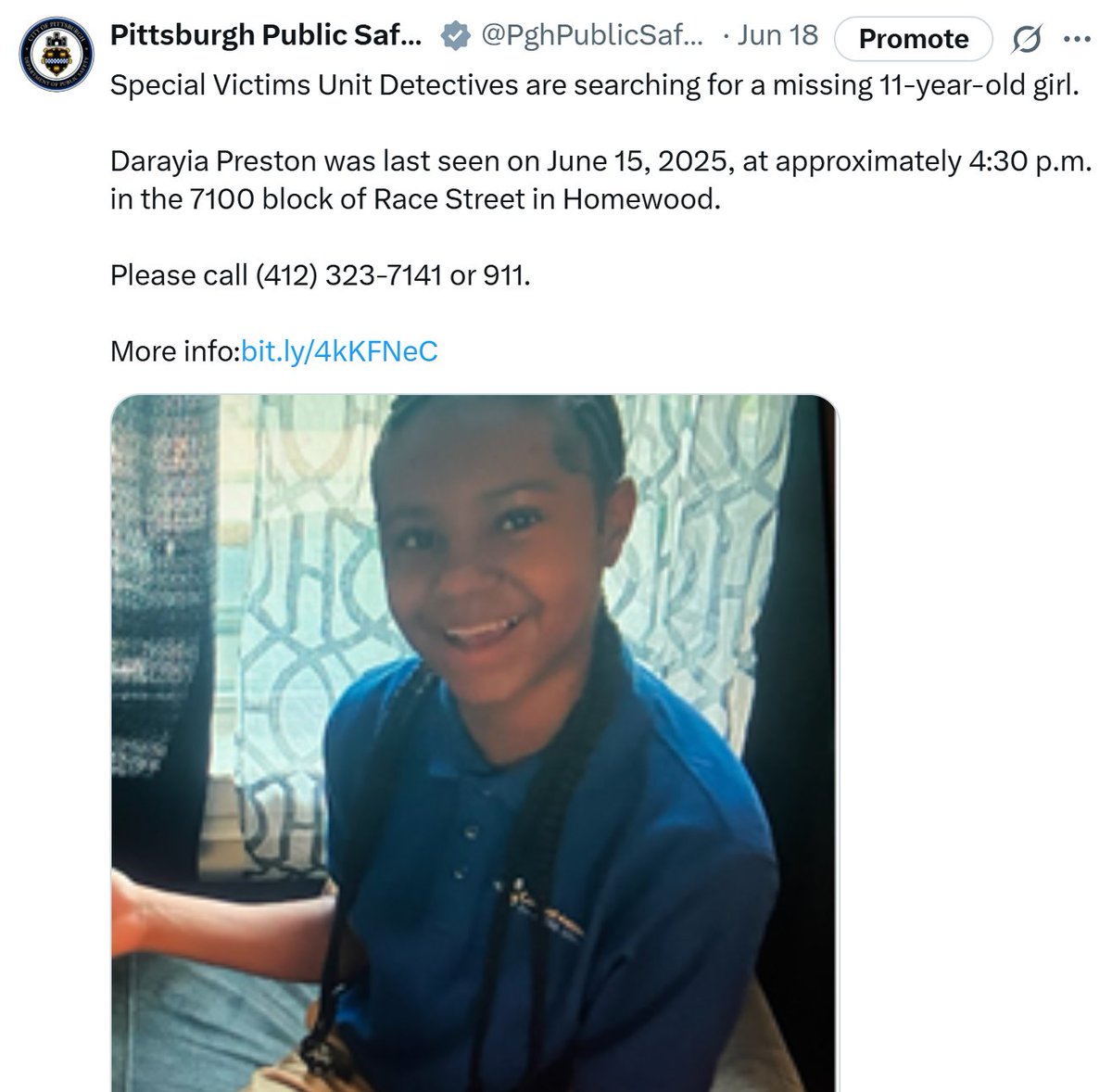 PghPolice's tweet image. UPDATE: Darayia Preston has been safely located. Thank you to everyone who shared the information.
Original post: