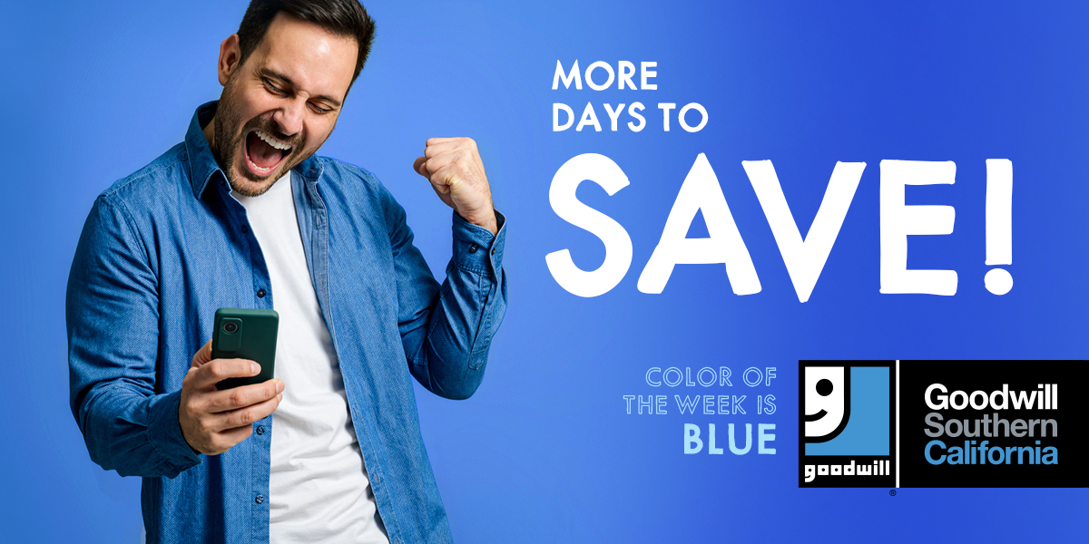 Enjoy savings all week long during the Goodwill SoCal color tag sale. Items with a BLUE tag are 50% off Sunday through Wednesday, $2.79 on Thursday, $2.49 on Friday, and $1.99 on Saturday. Find your nearest store: bit.ly/3X4CXbf