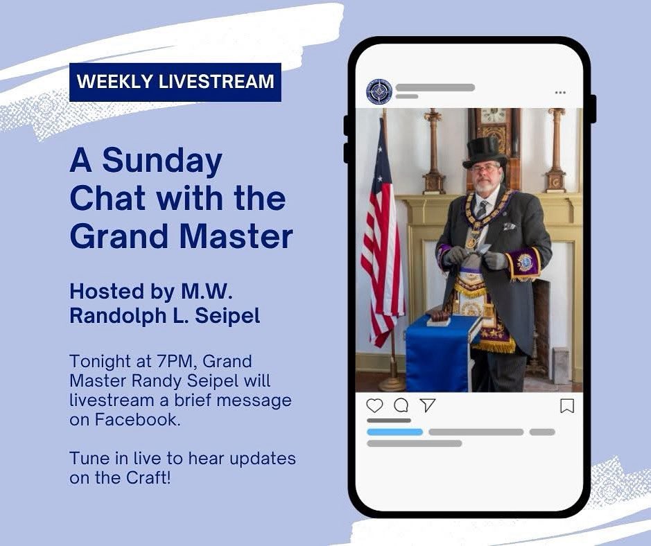 INFreemasons's tweet photo. Join us this evening for our next weekly "Sunday Chat with the Grand Master" which will be broadcast live on our Facebook page at 7pm! #FollowMeToFreemasonry https://t.co/TW2HJFOKjG