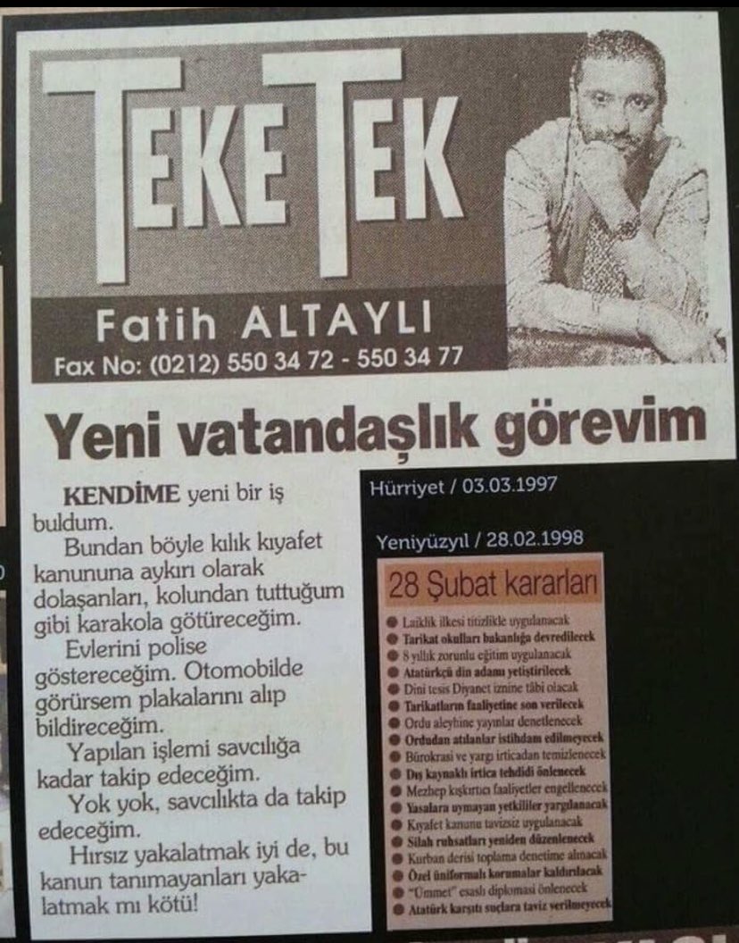 Hayat ne garip değil mi?
Kocan Fatih Altaylı geçmişte “Yeni vatandaşlık görevi” edinmişti ve “Kendime yeni bir iş buldum. Bundan böyle kılık kıyafet kanununa aykırı olarak dolaşanları, kolundan tuttuğum gibi karakola götüreceğim. Evlerini polise göstereceğim.” diyordu. Tarih: 3