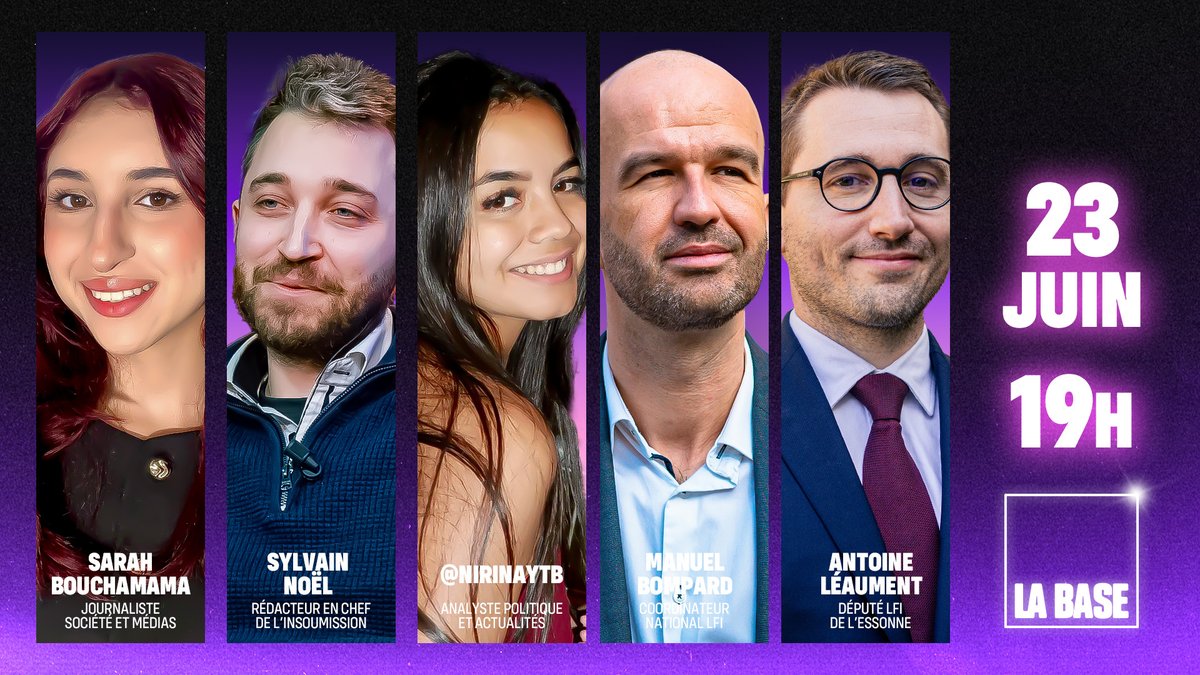La France insoumise (@franceinsoumise) on Twitter photo 🔥 Demain à 19h c’est le grand retour de la Base sur la chaîne Twitch de <a href="/L_insoumission/">L'insoumission</a>🔥 avec : @SarahBouchamama, <a href="/Nirinaytb/">Nirina</a>, <a href="/ALeaument/">Antoine Léaument 🇫🇷</a>
et <a href="/mbompard/">Manuel Bompard</a> présentée par Sylvain Noël 🔥 Demain à 19h c’est le grand retour de la Base sur la chaîne Twitch de <a href="/L_insoumission/">L'insoumission</a>🔥 avec : @SarahBouchamama, <a href="/Nirinaytb/">Nirina</a>, <a href="/ALeaument/">Antoine Léaument 🇫🇷</a>
et <a href="/mbompard/">Manuel Bompard</a> présentée par Sylvain Noël
