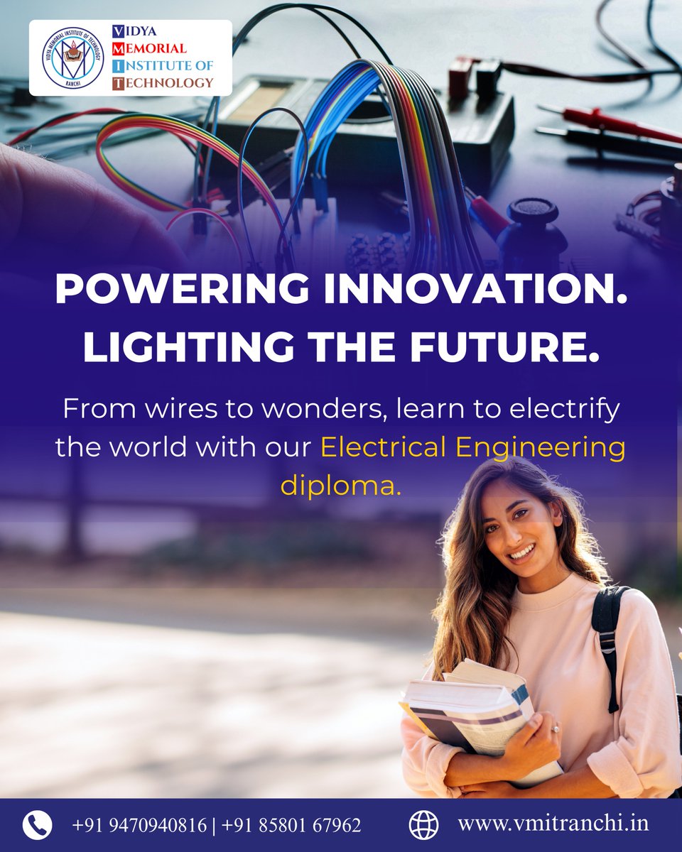 Vmitpolytechnic's tweet photo. Power Your Future with Electrical Engineering! ⚡

Dreaming of a career that lights up the world?
Join our Diploma in Electrical Engineering..............
✅ Hands-on practical training
✅ Industry-relevant curriculum
✅ Expert faculty guidance
✅ 100% Placement Assistance https://t.co/yIMc5EOjc8