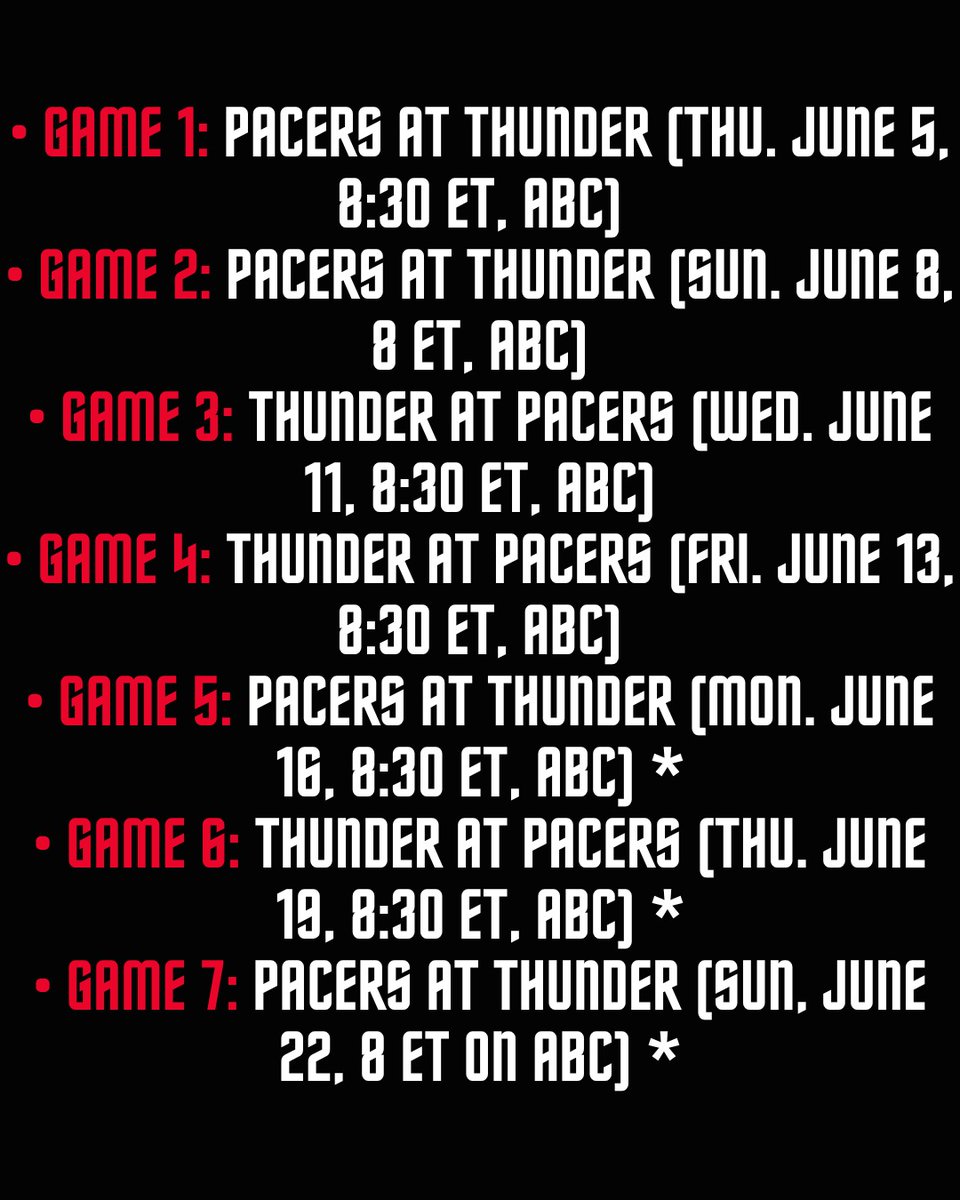 twopointplay's tweet photo. 📅 Mark your calendars — the 2025 NBA Finals schedule is locked in!
It’s Thunder vs Pacers battling for the crown 🏆 in a 7-game showdown that’s guaranteed to be electric ⚡

Here’s when the action goes down ⬇️
🔥 All games broadcast on ABC
🗓️ Will it go the distance to Game 7? https://t.co/IbFNHFe1KF
