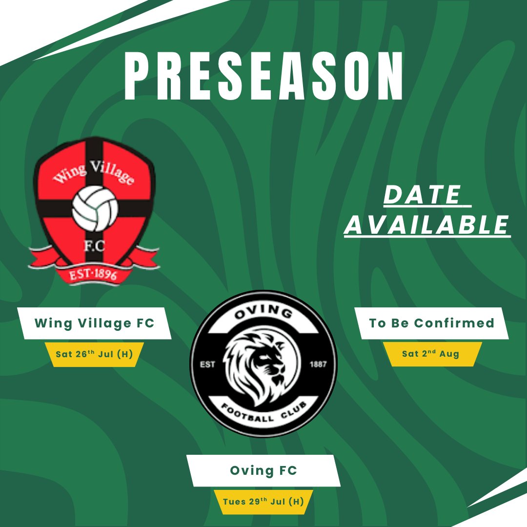 🚨 Preseason Fixtures 🆚

With training starting on Tuesday we can confirm our preseason fixtures across the next few weeks.

We're looking for games on Sat 2nd Aug for the First Team, and 26th July &amp; 2nd Aug for the Development Team so please get in touch if you're interested 💚