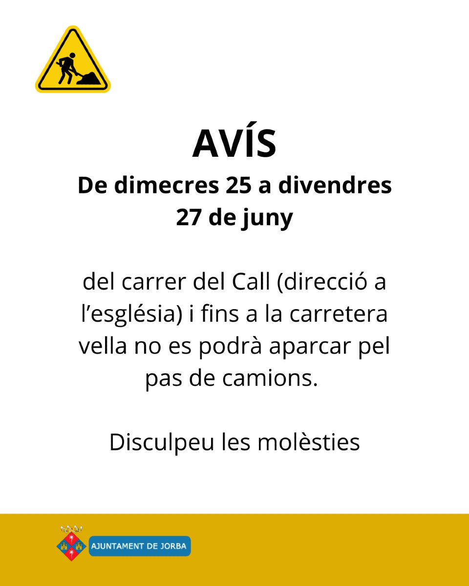 📢AVÍS
Per obres a l'església de Sant Pere, 🗓️de dimecres 25 a divendres 27 de juny,
🚫no es pot aparcar del carrer del Call fins a la carretera vella pel pas de camions.

Disculpeu les molèsties