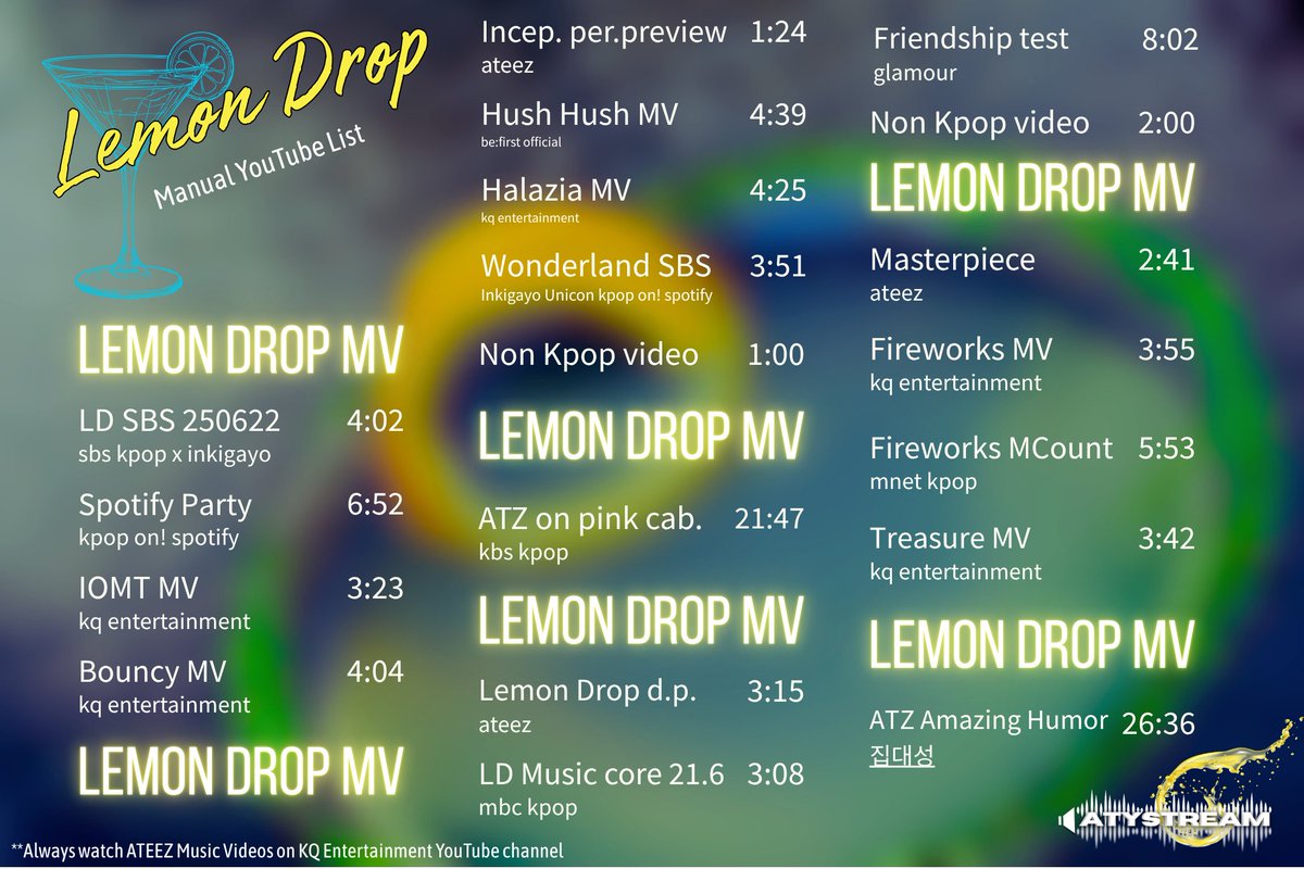 ATYstream | ATEEZ (@atystream) on Twitter photo 🍋| #LemonDrop Manual YouTube List! ✨
ATINY, here is today's list to make manual streaming easier for you! Let's not stop now!💛
~remember to search each video manually!
—🌱—
<a href="/ATEEZofficial/">ATEEZ(에이티즈)</a> #ATEEZ #에이티즈 #GoldenHour_Part3 🍋| #LemonDrop Manual YouTube List! ✨
ATINY, here is today's list to make manual streaming easier for you! Let's not stop now!💛
~remember to search each video manually!
—🌱—
<a href="/ATEEZofficial/">ATEEZ(에이티즈)</a> #ATEEZ #에이티즈 #GoldenHour_Part3