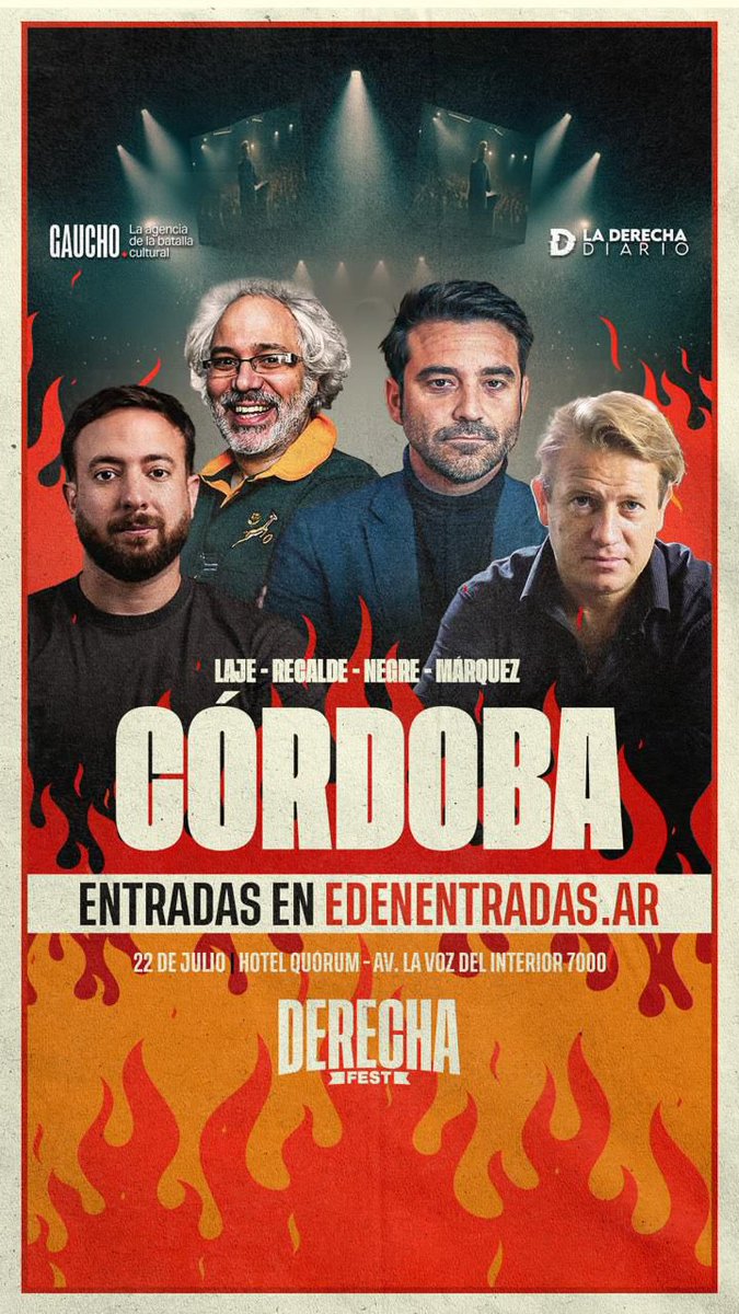 LA DERECHA FEST LLEGA A CÓRDOBA!

<a href="/AgustinLaje/">Agustín Laje</a>, <a href="/NickyMarquez1/">Nicolás Márquez</a>, <a href="/DiegoJRecalde/">Diego Recalde</a>, <a href="/javiernegre10/">Javier Negre</a> y muchos invitados sorpresa.

Conducen: <a href="/ElianaCere/">Eliana</a> y <a href="/ekammerath/">Erick Kammerath</a> 

Auspician <a href="/laderechadiario/">La Derecha Diario</a> y @gauchoestudio.

Adquirí tu entrada en edenentradas.ar/event/viva-la-…