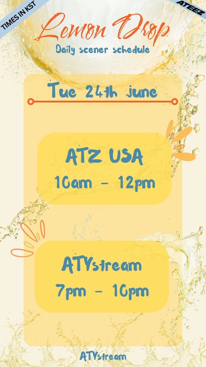 ATYstream | ATEEZ (@atystream) on Twitter photo 💛🍋 | June 24 Scener Schedule
ATINY, let's keep streaming for ATEEZ!
Make sure to join the parties!🔥
#LemonDrop #ATEEZ #에이티즈 #GoldenHour_Part3
<a href="/ATEEZofficial/">ATEEZ(에이티즈)</a> 💛🍋 | June 24 Scener Schedule
ATINY, let's keep streaming for ATEEZ!
Make sure to join the parties!🔥
#LemonDrop #ATEEZ #에이티즈 #GoldenHour_Part3
<a href="/ATEEZofficial/">ATEEZ(에이티즈)</a>
