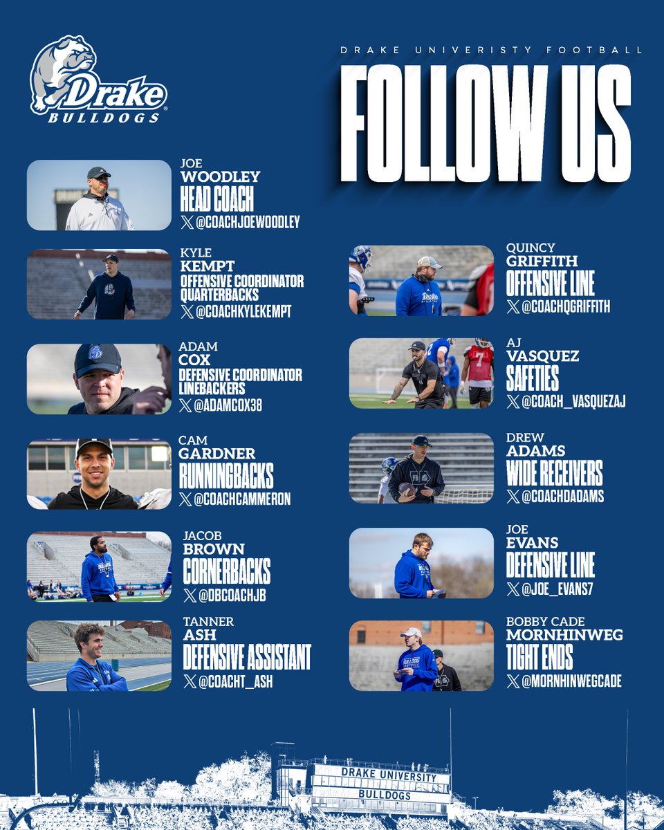 Meet your 2025 Drake University Football Coaching Staff! 

Stay tuned to learn more about each one of our coaches!

#DSMHometownTeam