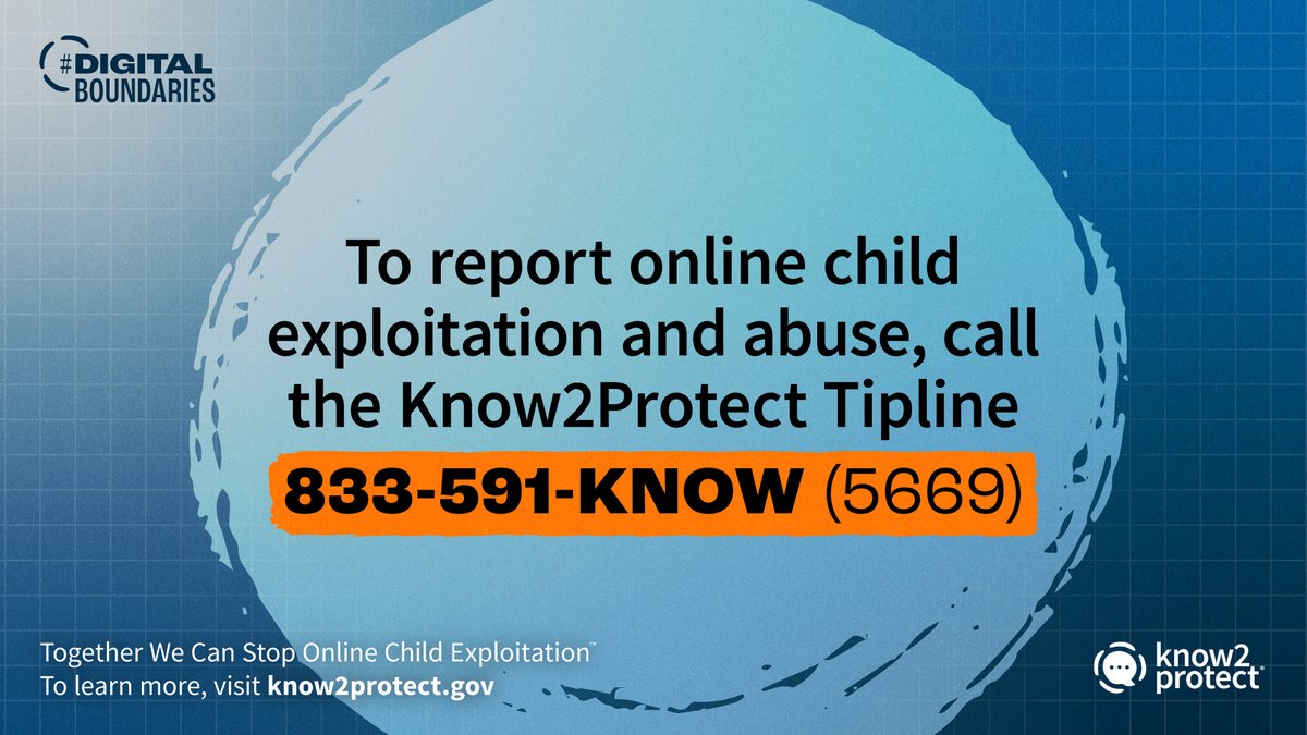 Know2Protect's tweet image. To report an incident of online child exploitation or abuse, call the Know2Protect Tipline at 833-591- KNOW (5669) or visit the NCMEC CyberTipline at report.cybertip.org. Awareness and intervention can make a significant difference in keeping kids safe.