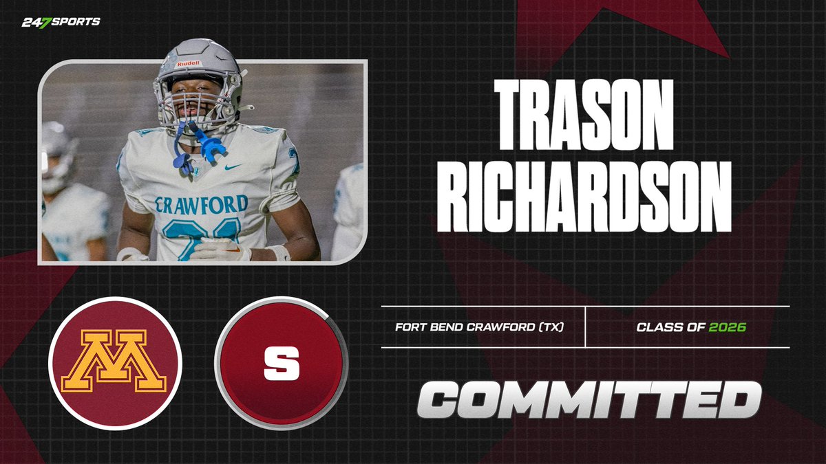 COMMIT: The #Gophers have earned a Summer Splash commitment from Texas safety Trason Richardson.

Richardson's performance at the TCU Mega Camp gets him committed to a Big Ten school.

How he fits and why it matters: 247sports.com/college/minnes…