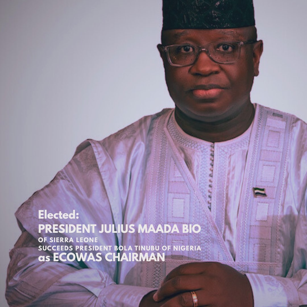 otegaogra's tweet image. Elected: President Julius Maada Bio of Sierra Leone succeeds President Bola Tinubu as the new chairman of ECOWAS | Sunday, 22 June 2025