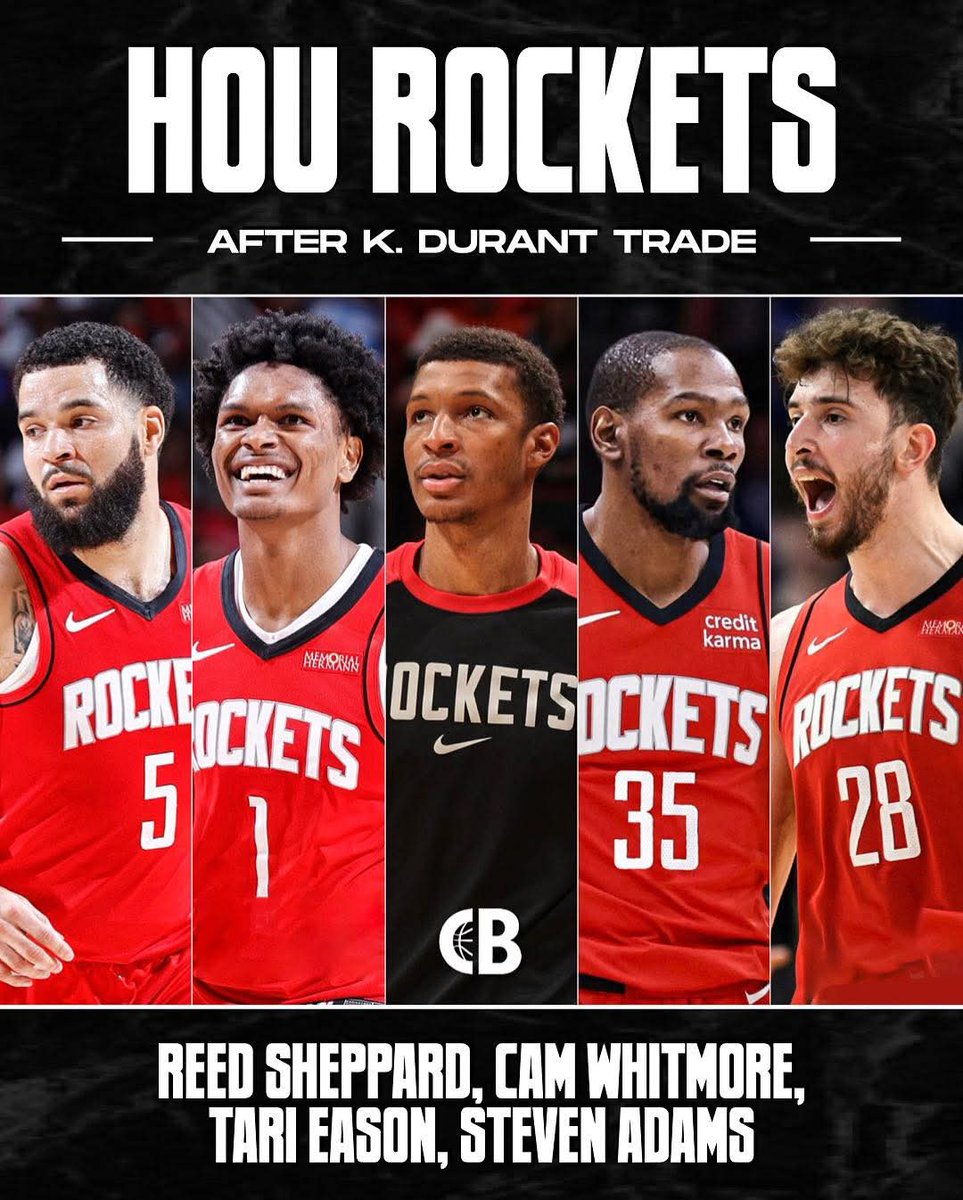 ogy_emy's tweet photo. #HoustonRockets starting five &amp; bench after the #KevinDurant #trade: 

PG: Fred #VanVleet 
SG: Amen #Thompson 
SF: Jabari #SmithJr. 
PF: Kevin #Durant 
C: Alperen #Sengun
Bench: Reed #Sheppard, Cam #Whitmore, Tari #Eason, Steven #Adams
Will this team win a championship?
#Rockets https://t.co/yNiy0n21CV