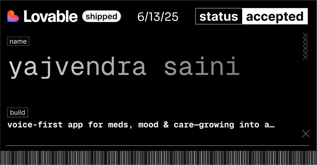 Just got into the Lovable Shipped Program by  <a href="/lovableshipped/">Lovable shipped</a>  <a href="/lovable_so/">소뿡</a> 🎉

6 weeks, amazing builders, $ 3 M+ in perks — and one mission: ship something awesome.

I'll be building something exciting in healthcare + AI.
Let’s build, learn, and launch! 🚀

#BuildInPublic #AI