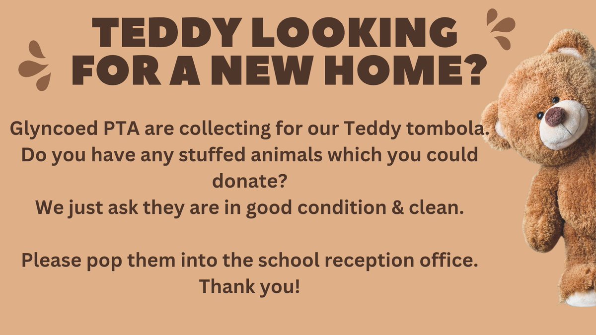 Glyncoed PTA (@glyncoedpta) on Twitter photo ๐ง๐ฒ๐ฑ๐ฑ๐ ๐๐ผ๐ป๐ฎ๐๐ถ๐ผ๐ป๐๐งธ๐ป
We're still accepting Teddy donations if you have any looking for new homes!
Feel free to pop them into the school reception office.
Please share ๐ซถ๐ผ
<a href="/JoanneWeightman/">Mrs W</a> <a href="/gpsmissrudman/">@GPSMissRudman</a> <a href="/GlyncoedP/">Glyncoed Primary School - Grow Persevere Succeed</a> ๐ง๐ฒ๐ฑ๐ฑ๐ ๐๐ผ๐ป๐ฎ๐๐ถ๐ผ๐ป๐๐งธ๐ป
We're still accepting Teddy donations if you have any looking for new homes!
Feel free to pop them into the school reception office.
Please share ๐ซถ๐ผ
<a href="/JoanneWeightman/">Mrs W</a> <a href="/gpsmissrudman/">@GPSMissRudman</a> <a href="/GlyncoedP/">Glyncoed Primary School - Grow Persevere Succeed</a>