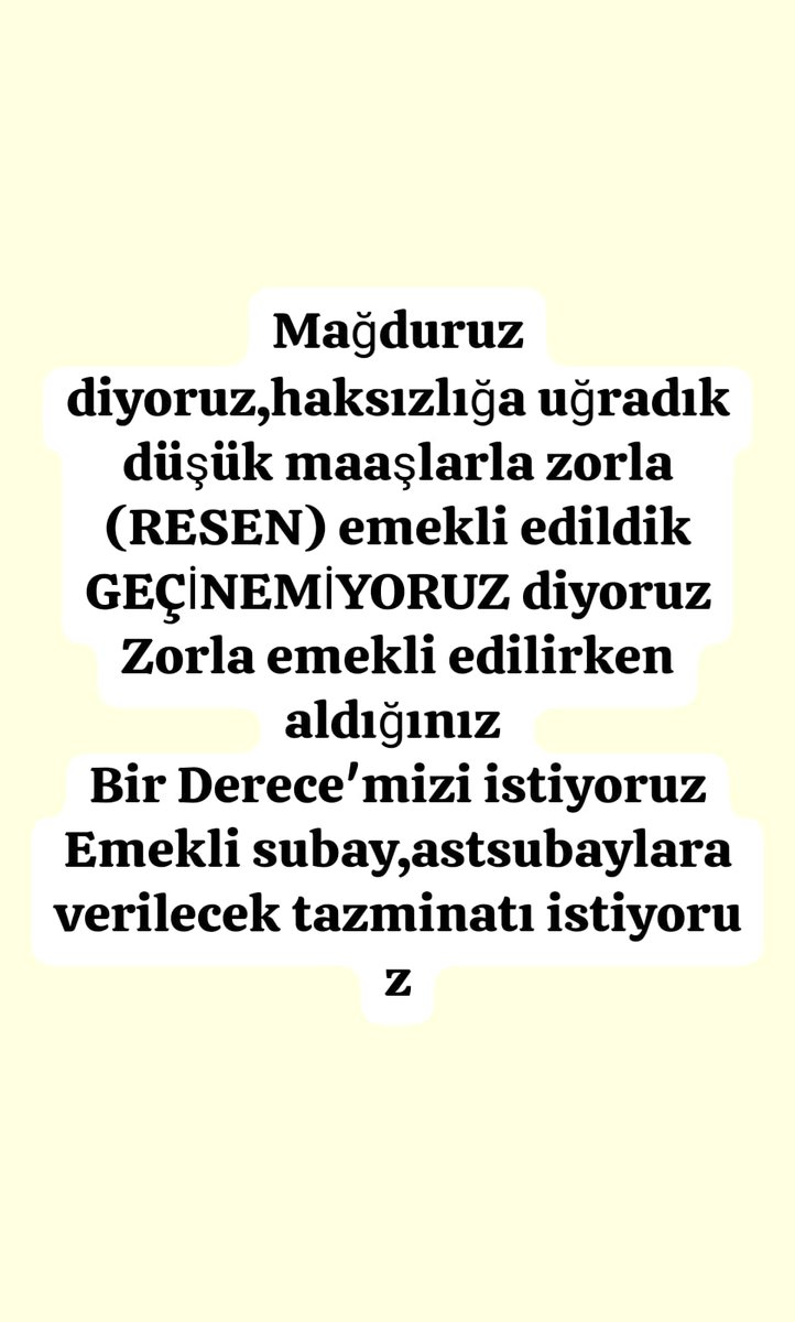 <a href="/alitilkici38/">Ali Tilkici 🇹🇷</a> <a href="/TEMUD_2024/">Türkiye Emekli Uzman Erbaşlar Derneği (TEMUD)</a> <a href="/RTErdogan/">Recep Tayyip Erdoğan</a> <a href="/tcsavunma/">T.C. Millî Savunma Bakanlığı</a> <a href="/tcbestepe/">T.C. Cumhurbaşkanlığı</a> <a href="/TC_icisleri/">T.C. İçişleri Bakanlığı</a> <a href="/_cevdetyilmaz/">Cevdet Yılmaz</a> <a href="/TBMMGenelKurulu/">TBMM Genel Kurulu</a> <a href="/hulusiakarmedya/">Hulusi AKAR</a> <a href="/Akparti/">AK Parti</a> <a href="/nacibostanci/">M. Naci Bostancı</a> <a href="/akbasogluemin/">Av. M.Emin AKBAŞOĞLU 🇹🇷</a> <a href="/AliYerlikaya/">Ali Yerlikaya</a> <a href="/UlviYonter/">Dr.İzzet Ulvi YÖNTER</a> <a href="/dbdevletbahceli/">Devlet Bahçeli</a> <a href="/mustafaelitas/">Mustafa Elitaş</a> <a href="/erkanakcay45/">Erkan Akçay</a> <a href="/dijital/">Dijital</a> <a href="/Haber24Turkiye/">HABER24</a> <a href="/ErcanSeki/">ERCAN SEKİ</a> <a href="/AACanli/">AA Canlı</a> <a href="/ihacomtr/">İhlas Haber Ajansı</a> <a href="/dhainternet/">Demirören Haber Ajansı</a> <a href="/ahaber/">A Haber</a> <a href="/trthaber/">TRT HABER</a> <a href="/Pes24com/">PES24ᅠᅠᅠᅠᅠᅠᅠᅠᅠᅠᅠᅠᅠᅠᅠᅠᅠᅠᅠᅠᅠᅠᅠᅠᅠᅠᅠᅠᅠᅠᅠᅠᅠᅠᅠᅠᅠᅠᅠᅠᅠᅠᅠ</a> <a href="/atvcomtr/">atv</a> <a href="/ntv/">NTV</a> <a href="/startv/">STAR TV</a> <a href="/Kamubiz_com/">Kamubiz KAMU HABERLERİ BİZDEN!</a> <a href="/tgrthabertv/">TGRT HABER</a> <a href="/kamudanhaber/">Kamudanhaber🇹🇷</a> <a href="/memurlarnet/">MemurlarNet</a> <a href="/internethaber/">internethaber.com</a> <a href="/ozanozturk_tr/">OZAN ÖZTÜRK</a> <a href="/shovtv/">shov</a> <a href="/tele1comtr/">Tele1 TV</a> <a href="/HaberturkTV/">Habertürk TV</a> <a href="/takvim/">Takvim</a> <a href="/ulketv/">ÜLKE TV</a> <a href="/HaberGlobal/">Haber Global</a> <a href="/gunes_gazetesi/">Güneş Gazetesi</a> <a href="/cnnturk/">CNN TÜRK</a> Mağduruz haksızlığa uğradık düşük maaşlarla ZORLA emekli edildik #GEÇİNEMİYORUZ diyoruz!
Zorla emekli ederken aldığınız 
#BirDerece'mizi,
Emekli subay,astsubaylara verilecek tazminatı istiyoruz
#40YılUzmanÇavuşuDuymadınız
#UzmanÇavuşlaraHak
#EmekliMemur
#MemurEmeklisineAdalet