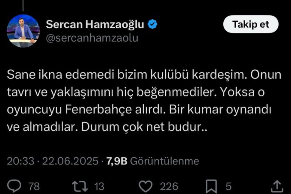 bayern’in 10 no’su sane, 11 yıldır kendi liginde teneke kaldıramayan, 17 yıldır şl müziği duymayan fb’yi ikna edememis.. gs makası öyle bir açtı ki ayarları bozuldu.. hikayeler uydurup kendilerini inandırmaya çalışıyorlar..