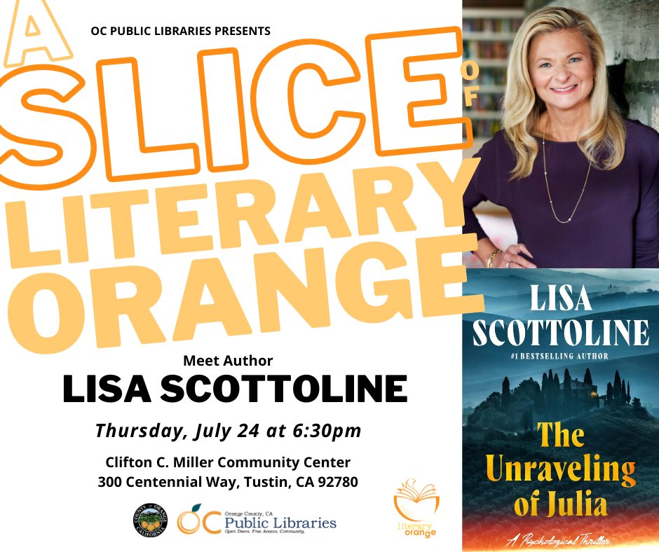 ocpublib's tweet photo. Meet Author Lisa Scottoline!
Thursday, July 24, 2025 at 6:30pm
Clifton C. Miller Community Center
300 Centennial Way, Tustin, CA 92780
For more information, visit https://t.co/heRyILUZQM
#OCPublicLibraries #ASliceofLiteraryOrange #author #LisaScottoline #TheUnravelingofJulia https://t.co/tbzZoI36fS