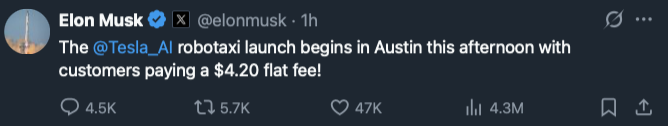 GlobalMindNews's tweet photo. 🚨Breaking: $TSLA will officially launch robotaxi in Texas today! for a $4.20 flat fee! https://t.co/dQ9ID6gGrj