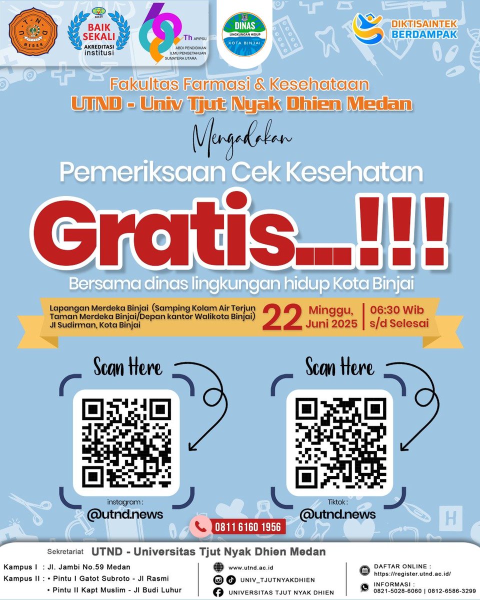 DLHBINJAI's tweet photo. Hai warga binjai, Universitas Tjut Nyak Dhien, Medan bersama DLH Kota Binjai mengadakan Pemeriksaan Cek Kesehatan Gratis yang dilaksanakan di Lokasi Car Free Day Kota Binjai (Lapangan Merdeka Binjai) pada hari Minggu, tanggal 22 Juni 2025 Pukul 06.30 Wib s/d selesai https://t.co/4jNqf5E9GA