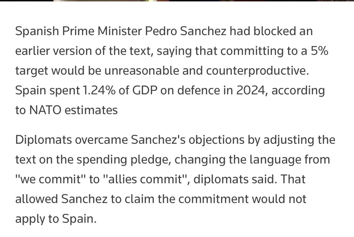 Según <a href="/Reuters/">Reuters</a>, Sánchez no ha negociado ni conseguido nada. Solo ha pedido que se cambie el lenguaje del acuerdo para poder decir que el compromiso de gasto no aplica a España.