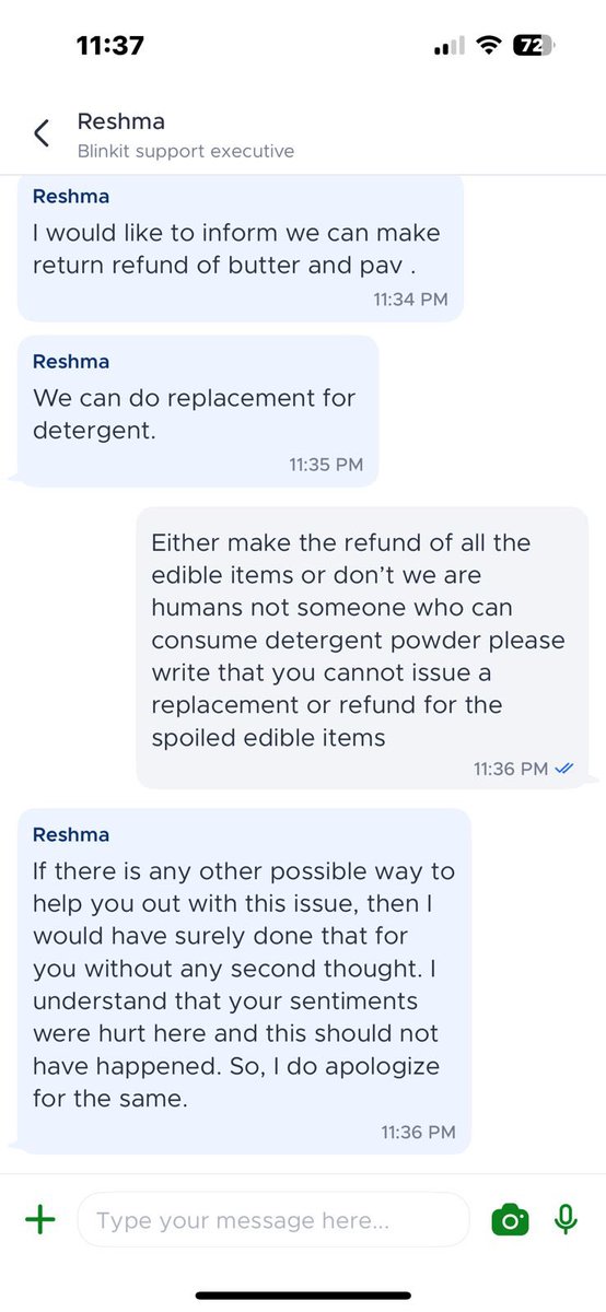 arpitknp's tweet photo. @letsblinkit Highly disappointed! Detergent in my order spilled over edible items, and your customer care said it’s safe to consume as they’re “packed.” This is highly unethical and inhuman. Do you even care about customer health? #Blinkit #FoodSafety https://t.co/JLW8pYAbEu