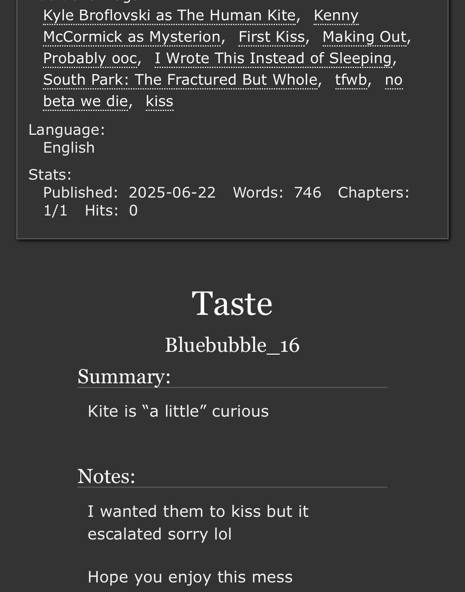 Blub4165's tweet image. My somewhat apology for posting angst in the first week of pride.

Another hero yaoi upon ye, this time nobody dies.

 #spk2 #kitesterion #humankite #mysterion

archiveofourown.org/works/66798670