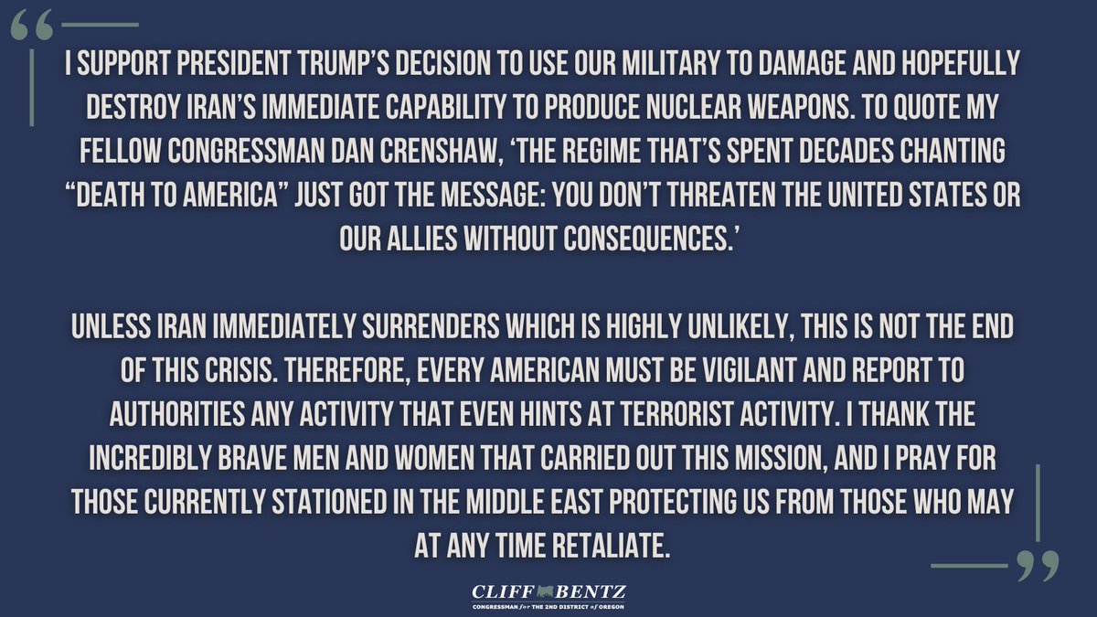 RepBentz's tweet image. On June 22nd, using B2 bombers, 30 tomahawk missiles, and six 30,000 pound “Bunker Busting” bombs, the United States attacked three nuclear sites in Iran. The reason for the attack was to prevent Iran, a country hostile to the United States, Israel, and peace in the Middle East,…