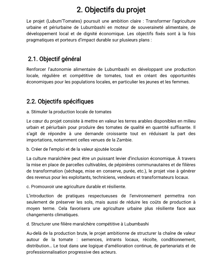 BenMwenebatu's tweet photo. LUBUM'TOMATES 

LUBUM'TOMATES vise à développer une production locale de tomates à Lubumbashi afin de réduire la dépendance aux importations, notamment celles en provenance de la Zambie, alors même que notre région dispose de terres arables fertiles. Cette initiative s’inscrit dans une dynamique de souveraineté alimentaire et de valorisation des ressources agricoles locales. Le site retenu est le village Mikole, où l’accès au foncier est abordable (200 $ l’hectare), ce qui permet d’envisager une exploitation agricole viable avec un investissement progressif.

Dans un premier temps, le projet prévoit la mise en culture d’un hectare de tomates, avec un suivi rigoureux de la production et de la rentabilité. Après une première campagne de six mois, l’ambition est de doubler la superficie exploitée tous les semestres, afin de renforcer la capacité de production locale de manière durable et structurée. LUBUM'TOMATES se positionne ainsi comme un modèle d’agriculture responsable, axé sur l’autonomie économique, la création d’emplois et la lutte contre la fuite des devises liées aux importations agricoles.