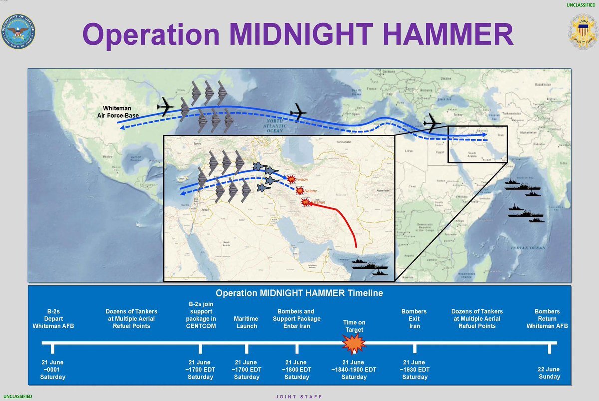 MarioNawfal's tweet image. 🚨🇺🇸 U.S. REVEALS “OPERATION MIDNIGHT HAMMER” STRIKE PLANS ON IRANIAN NUCLEAR SITES

B-2 bombers flew nonstop from Missouri to strike Fordow, Natanz, and Isfahan in a high-risk, high-impact mission.

Launched from Whiteman AFB, the operation involved dozens of refueling tankers,…