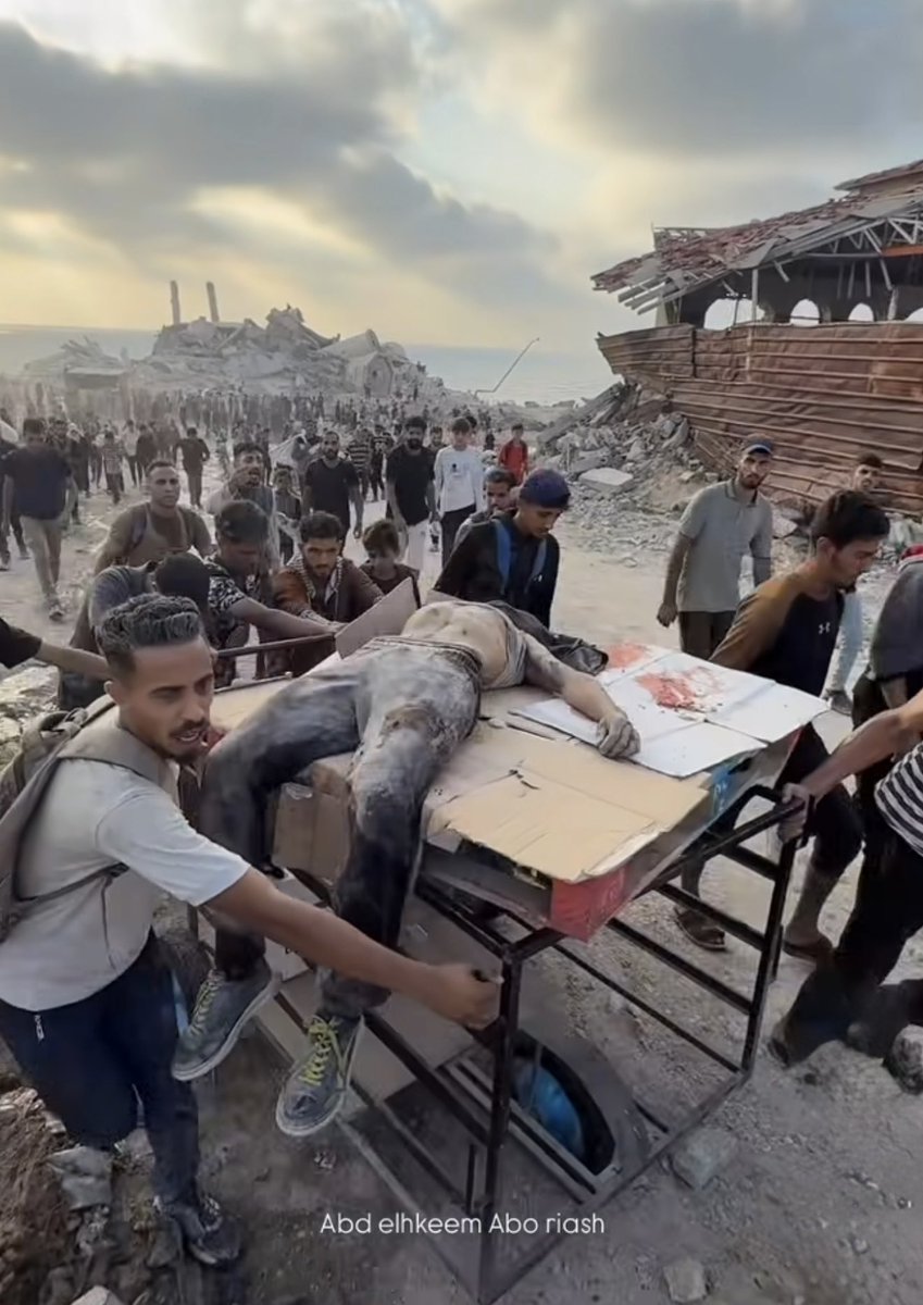 A few days ago I posted a photo of a young man who Israel killed while seeking aid and whose body people put and carried on a pallet (flour sacks were on it before people could get them.)
This is a photo from today. A young man was killed by Israel and people carried his body on
