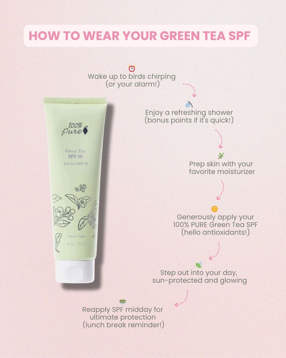 100percentpure's tweet image. Your daily SPF reminder, simplified! ☀️🍃 Keep your skin protected, healthy, and glowing with our antioxidant-rich Green Tea SPF—your skin’s new best friend for summer days and beyond.

#GreenTeaSPF #SunCareRoutine #SPFEveryDay #CleanBeautyTips #100PercentPURE