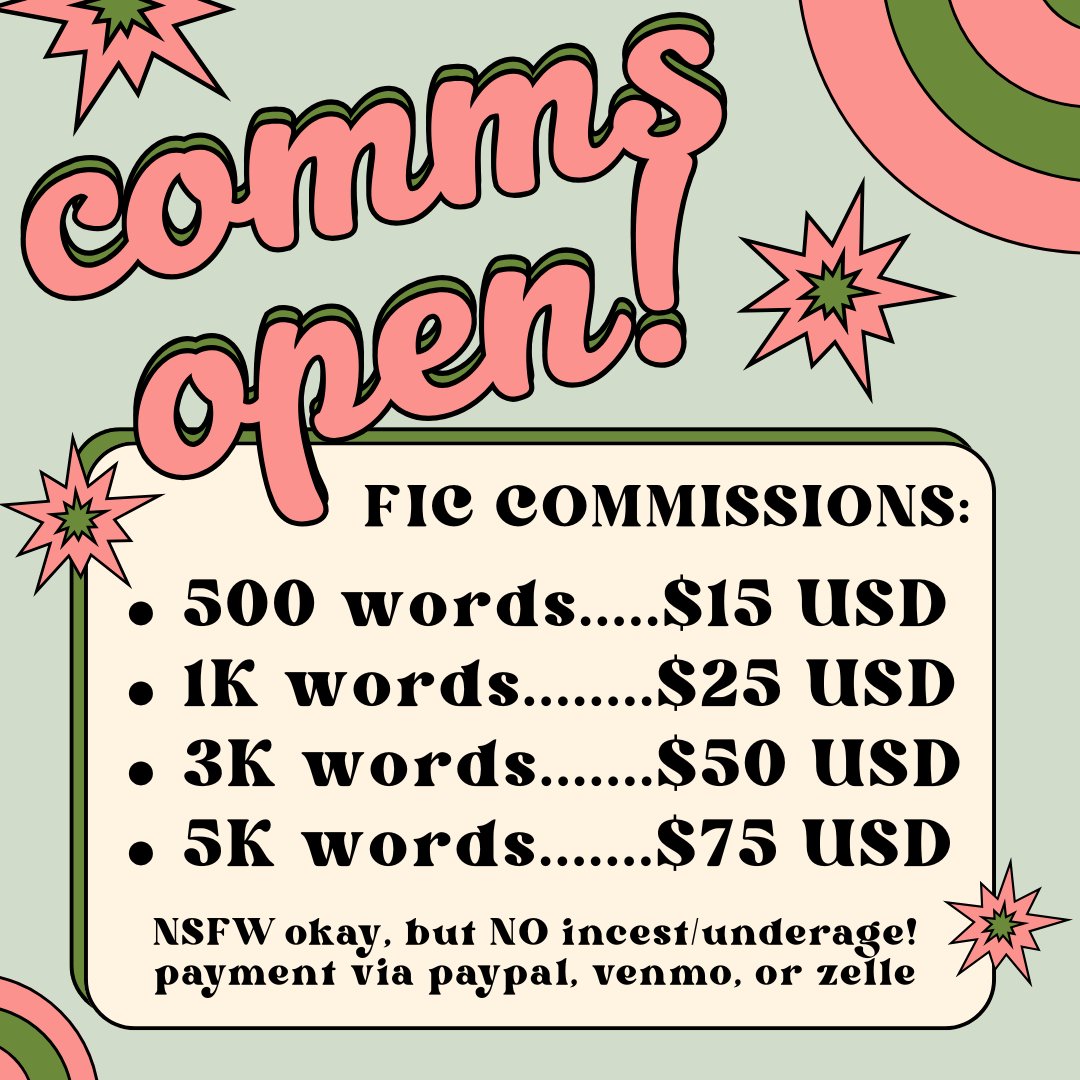 prouvvaire's tweet image. ‼️🤩 I'M OPENING FIC COMMS 🤩‼️
currently saving up for my big move overseas to start my PhD, so I'm opening up comm slots for bespoke fanfiction! let me put your cold boys in situations.
request form, pricing, and my terms of service can be found here: forms.gle/AnaF8FJ8SLozsA…