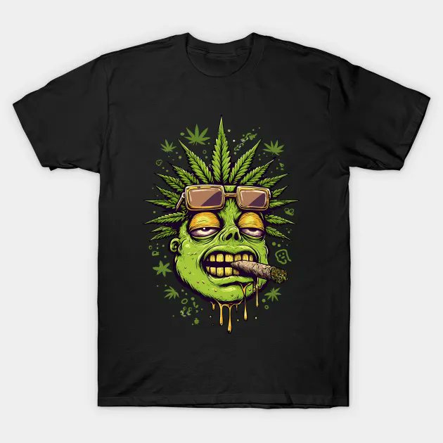 Blaze up the vibe with this trippy, drippy cannabis-inspired character! This wild design features a stoned zombie-like face with weed leaves for hair, glazed eyes, golden teeth, and a fat joint in its mouth. teepublic.com/t-shirt/736530…