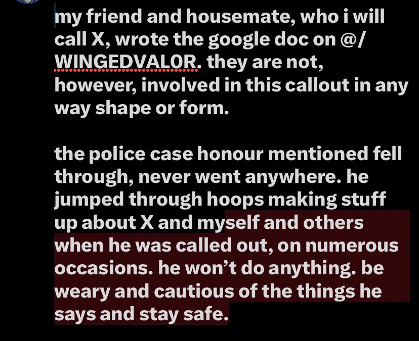 adding some info on the @/WINGEDVAL0R callout

please note that the callout poster (@/tabooyuh) and my friend below (lu / X) are not the same person nor are they involved.

i am happy to answer any questions or support anyone (lu will also be in the replies at some point)
