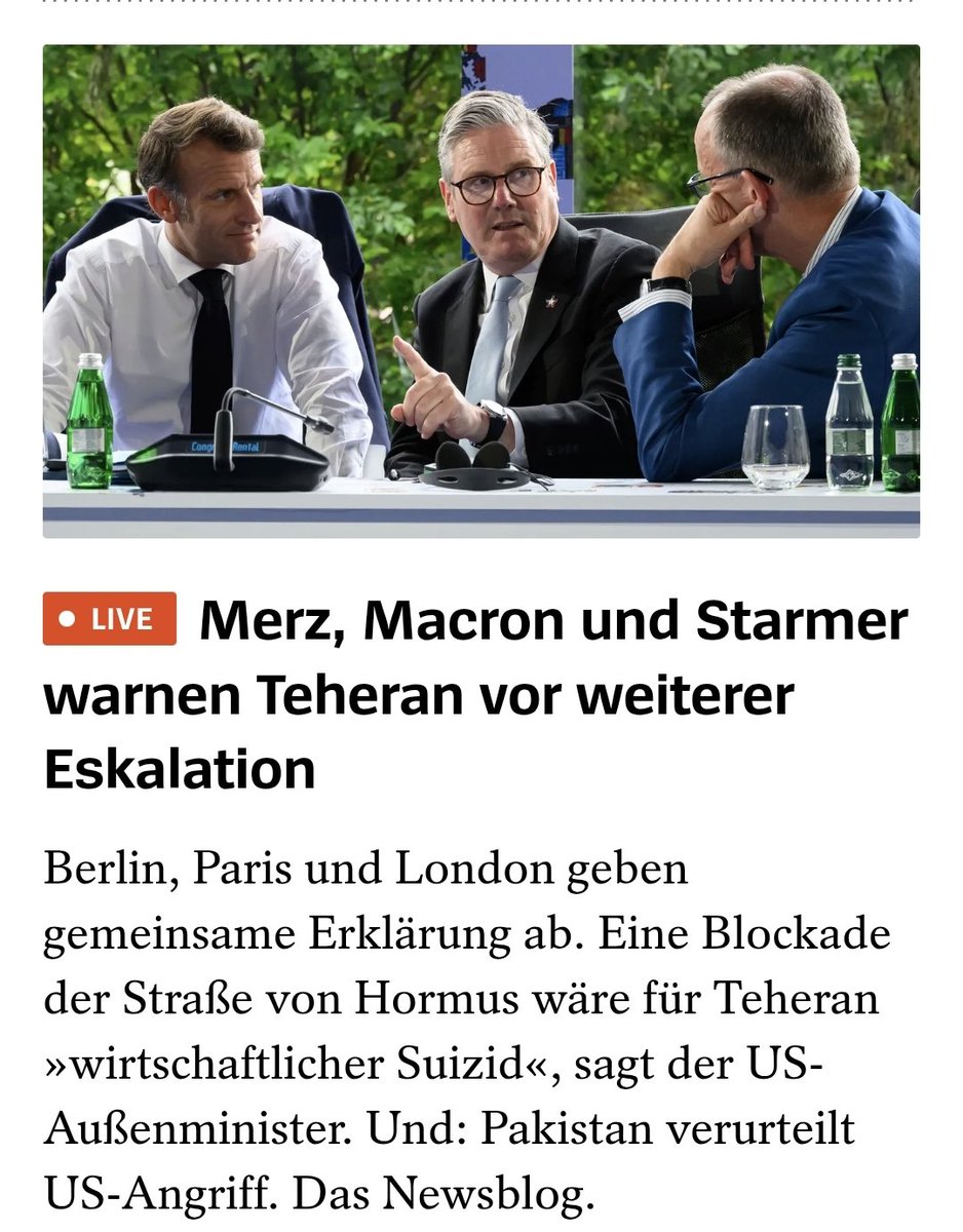 christian_leye's tweet image. Endlich greift die europäische Diplomatie ein! Nachdem Israel den Iran völkerrechtswidrig angegriffen & nachdem die USA völkerrechtswidrig den Iran bombardiert haben, warnen die Europäer nun den Iran (!) vor weiterer Eskalation. Toll! Klare Kante gegen den Angreifer wird helfen!