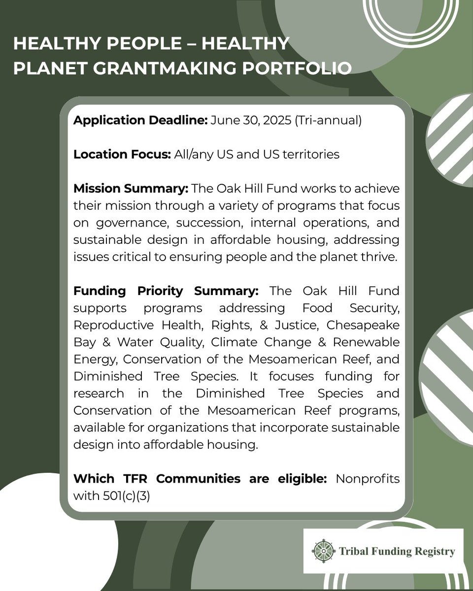 TribalFunding's tweet photo. 🌟 This Week’s Grant Spotlight

View all five opportunities in our Instagram Highlights: https://t.co/z78L850gUF

📬 Want these straight to your inbox each week? Sign up for our newsletter:  https://t.co/PGWQR2VRC6

#tribalfundingregistry #hozhonigoinstitute https://t.co/P2cUiSM62O