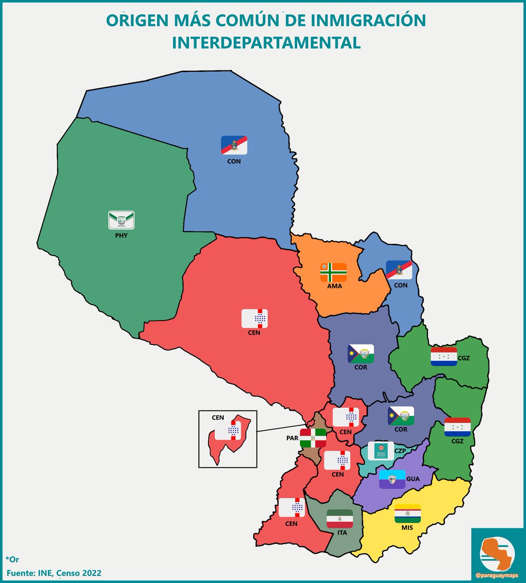 paraguaymaps's tweet image. Origen más común de migración interdepartamental.
