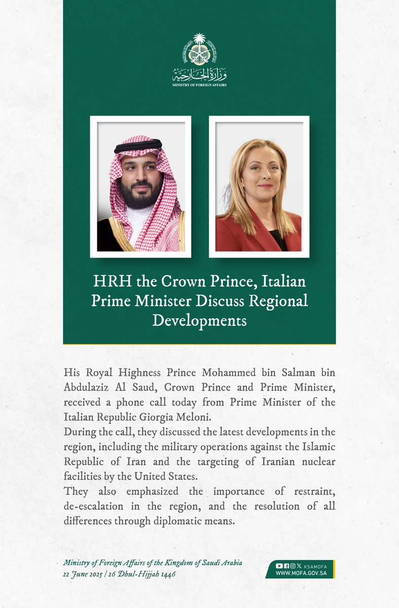 KSAmofaEN's tweet photo. 🇸🇦📞 🇮🇹 | HRH Crown Prince Mohammed bin Salman received a phone call from Prime Minister of the Italian Republic @GiorgiaMeloni. https://t.co/Z6G5PaSkBw