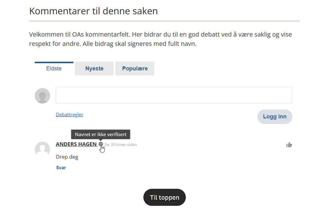 Lykten_no's tweet photo. Observasjon. #Amedia eier Oppland Arbeiderblad. En politiker fra INP (Industri- og næringspartiet) skrev om urimelige parkeringsavgifter. I det modererte kommentarfeltet har "Drep deg" fått stå i 20 timer, av en ikke verifisert bruker. Dette er "redaktørstyrte medier". ⬇️