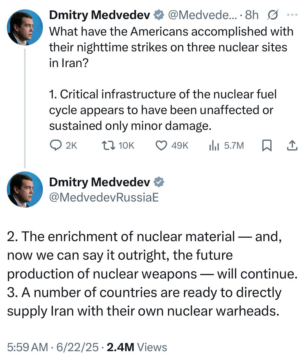 Iran flunkies: “Iran wasn’t trying to get a nuclear weapon!”

Dmitry Medvedev: “No, they definitely were.”