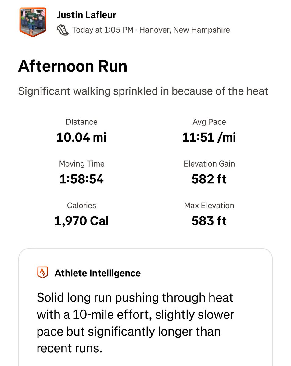 JustLafleur's tweet image. Remember to stay hydrated in this heat 🏃♂️
Today was one of the more challenging 10-mile runs I’ve ever done, but pushed through — in a cautious way with the head advisory we’re under.
