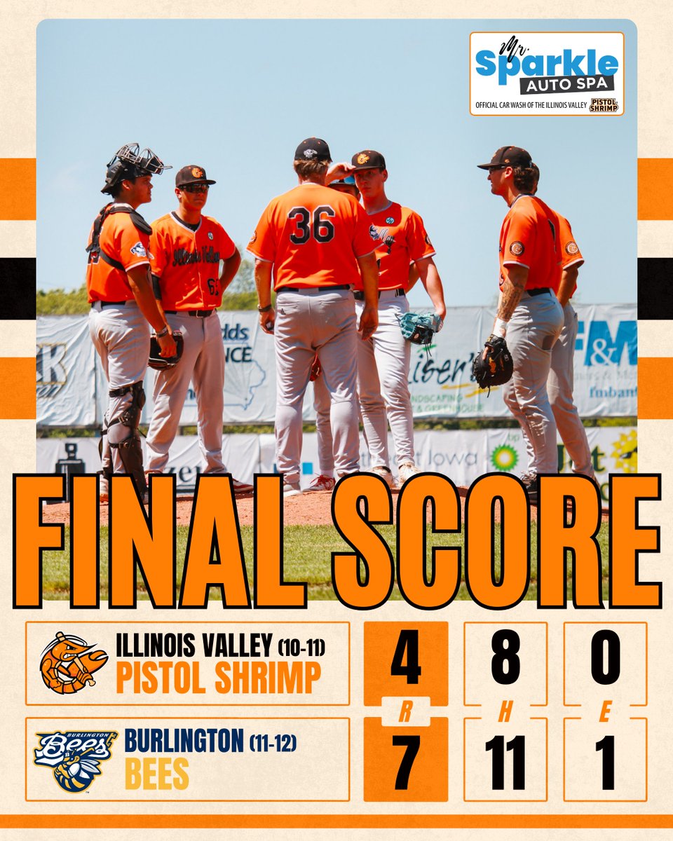 Final in game one. The Pistol Shrimp fall to the Bees 7-4.

Game two in Burlington coming up at 4:45! #FearTheClaw

presented by Mr. Sparkle Auto Spa!