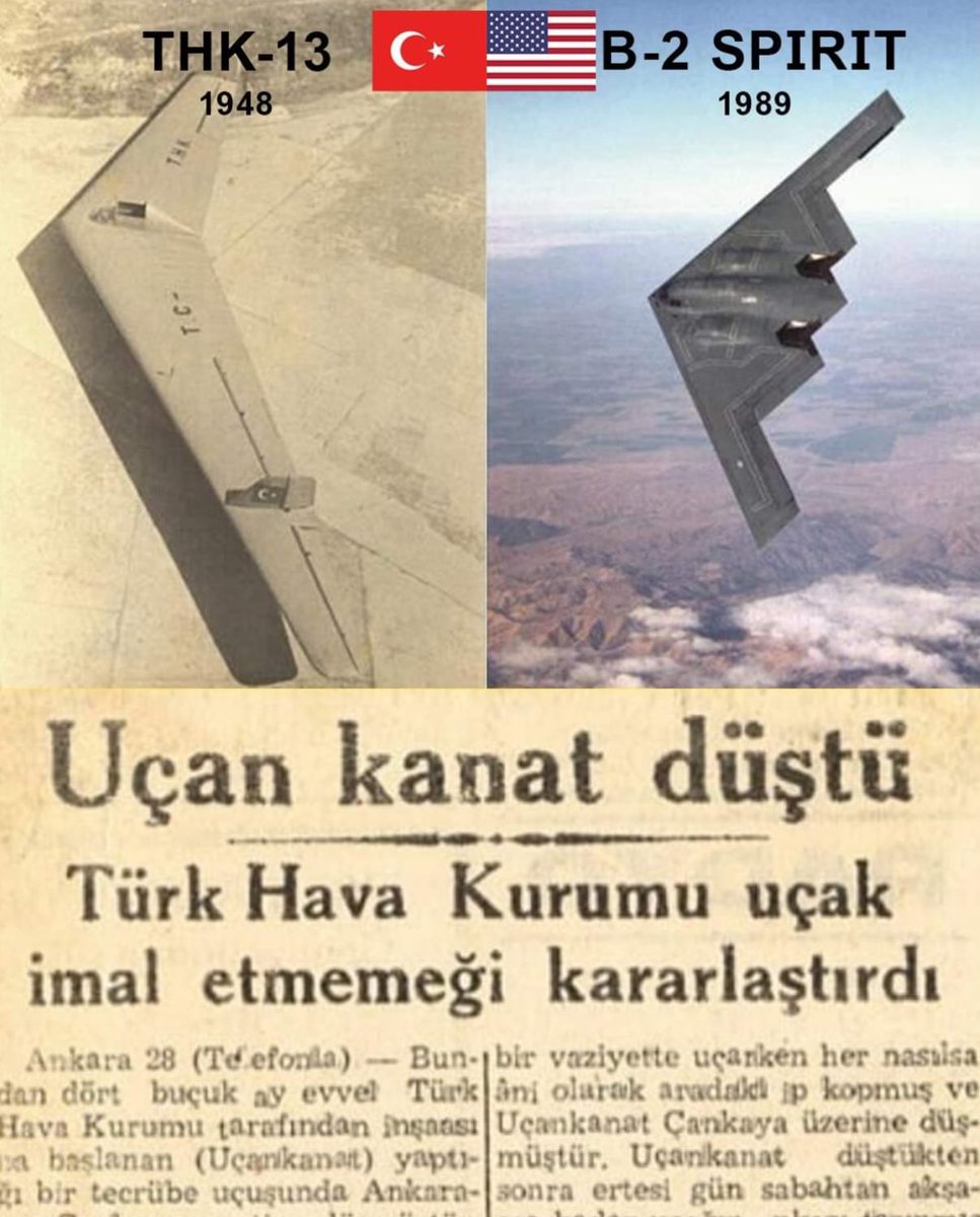 ⚫️ 1948’de Türk mühendisler tarafından üretilen, Dünya’nın ilk uçan kanat örneklerinden THK-13’ün üretimi durduruldu.

▪️Sebebi; ABD’nin ücretsiz P-47 uçaklarını vermesi.