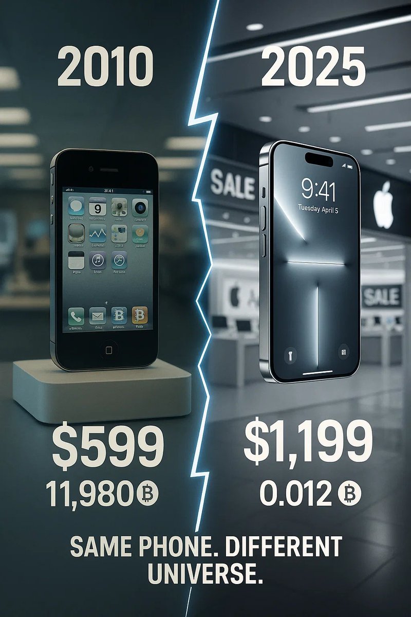 🔥THE iPHONE PROVES YOU’RE A SLAVE🔥

• 2010 – iPhone 4 cost $599 = 11,980 BTC

• 2025 – iPhone 15 Pro cost $1,199 = 0.012 BTC

That’s a 100% price hike in dollars…

…but a 99.9999% collapse in Bitcoin.

Let that sink in.

In clownworld fiat, your phone doubled in price while