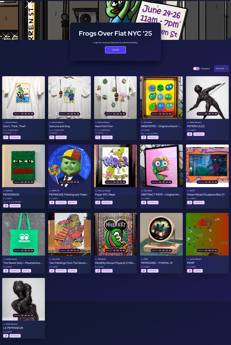 Frog season hits NYC 🐸🌆

Frogs Over Fiat ‘25 is now LIVE FOR VIEWING 👀

Inscribed Fakes, Fake Rares, and full frog fam energy.

📍72 Warren St 
🗓️June 24–26
🔗👇