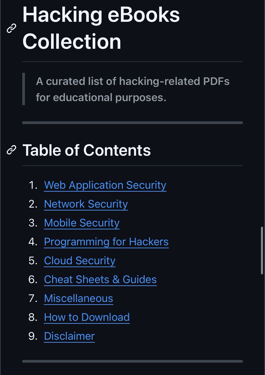 🚨📚 كنز لمحبين الأمن السيبراني !
مستودع GitHub:

🔗 github.com/zapstiko/Hacki…

أكثر من 💯 كتاب PDF عن:
•أختبار اختراق الويب 💻
•أمّن الشبكات 🌐
•Bug County 🐞
•أمن الجوال 📱
•ملخصات Cheat Sheet جاهزة للتطبيق ✅

🎓 للتعلّم الذاتي فقط
⭐️ أحفظه وشاركه مع المهتمين!